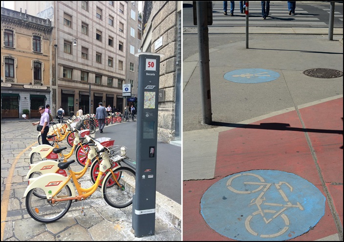 <좌-밀라노의 공용자전거 거치대. 대전의 타슈와 같다. / 우-비엔나 교차로에 표시된 자전거 전용 도로 표지 및 보행자 구역 표시>